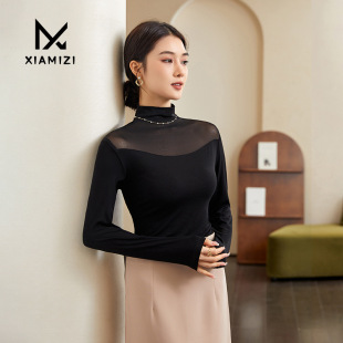 Autumn and Winter Half-high Collar Mesh Base Shirt Women's Inner Wear Slimming Long-sleeved Thin Transparent Gauze T-shirt Lace Top Women