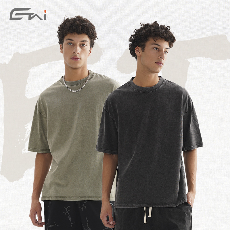 ETAI Hombre| Marca de tendencia transfronteriza pesada lavada con agua para hacer viejas camisetas retro estadounidenses de color sólido sueltas de hombro para hombres mangas cortas image 1