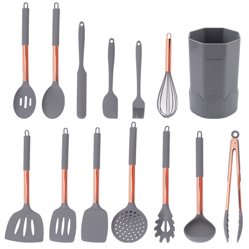 Utensilios de cocina con mango de acero inoxidable de oro rosa personalizado catorce juegos de pala, espátula, sartén antiadherente, herramientas de cocina para hornear y barbacoa