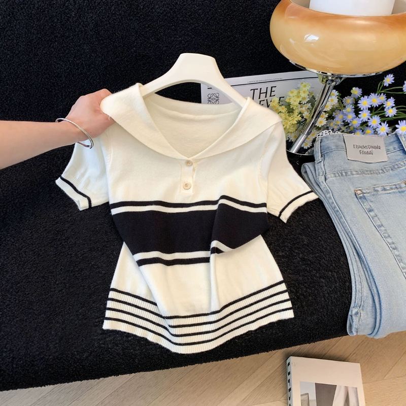 Hong Kong Style Striped Top for Women 2026 Summer New Stylish Age-Reducing Navy Collar Short-Sleeve Knit Shirt