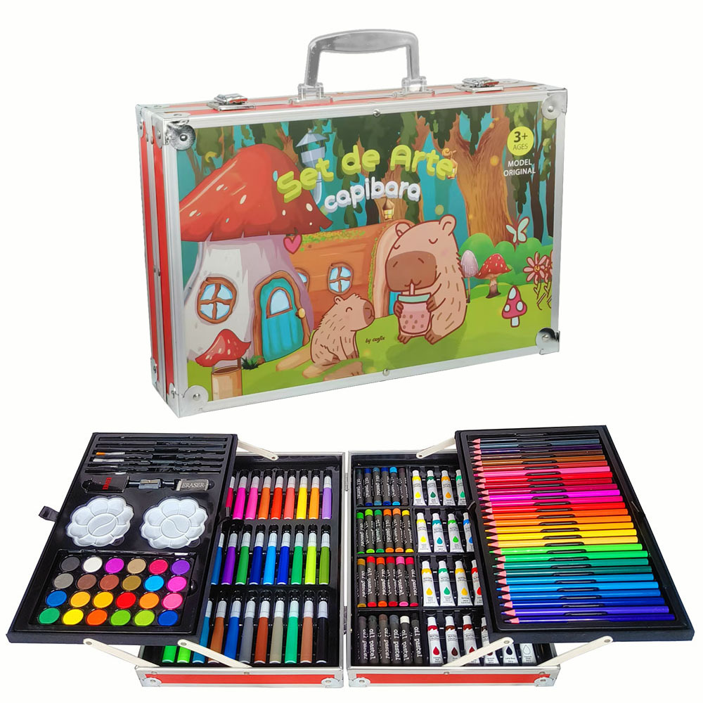 145 piezas cepillo de fábrica al por mayor de doble capa de aluminio caja de pintura traje estudiante acuarela pluma niños graffiti caja de regalo