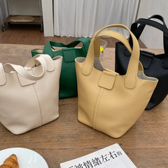 Vegetable Basket Women's Bag 2023 New Fashion Trendy Handheld Litchi-Textured Korean-Style Soft Leather Small Bucket Bag for Women, Crossbody Style