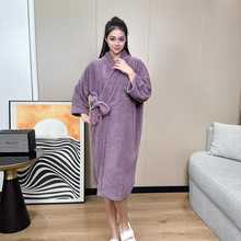 长袖微笑兔刺绣可穿式浴袍女速干菠萝格宽松大码浴裙加长珊瑚绒