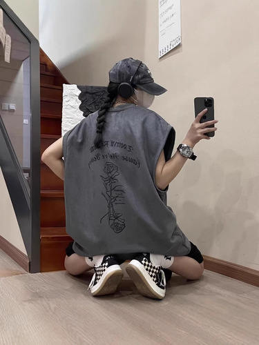 American leather print vest for men and women, sports loose sleeveless T-shirt summer INS trend brand shoulder jacket base T