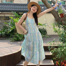度假海边拍照长裙日系甜美小清新显瘦格子背心吊带连衣裙子女夏季