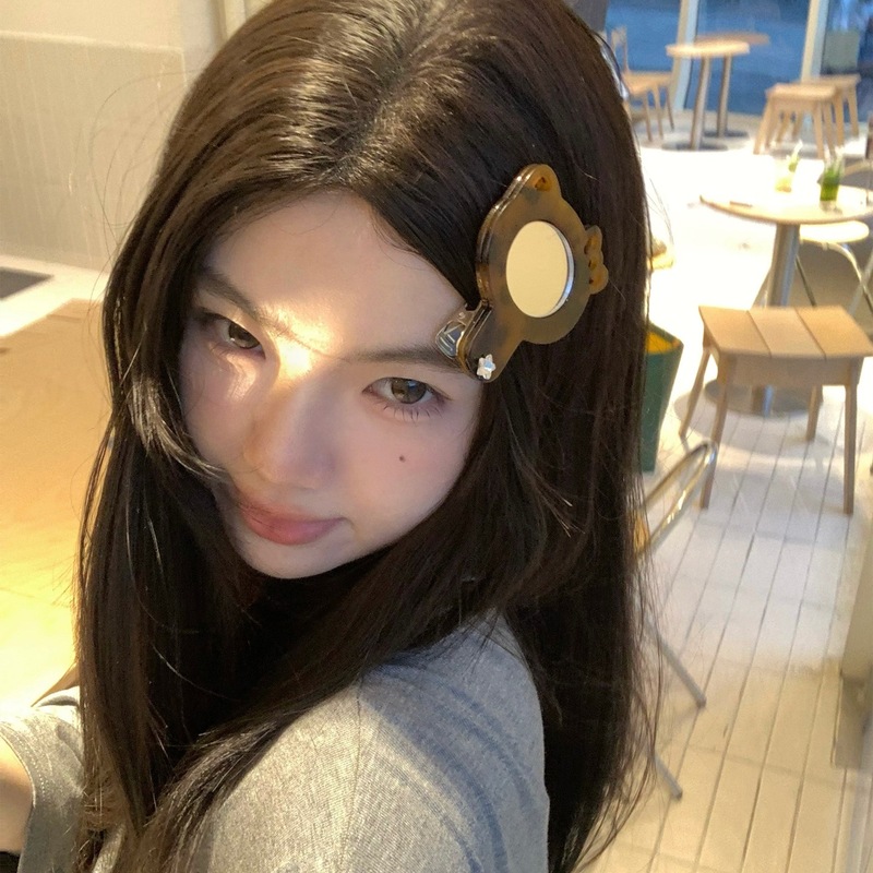 かわいいKTミラーヘアピン！ヒョウ柄リボン猫ヘアピンカモノハシクリップポータブル化粧鏡アクセサリー|undefined