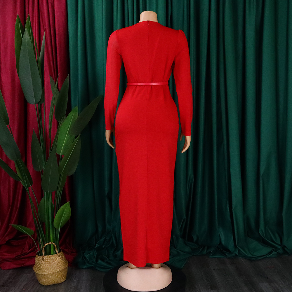 Damen Abendkleid Mit Langarm Und Mesh-einsatz Elegantes Festkleid_voghion.com