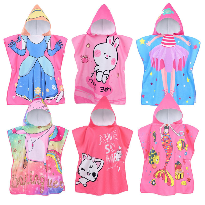 Children's Bath Towel Manufacturer Wholesale Cartoon Print Baby Can Wear Hooded Bathrobe Beach Swimming Windproof Quick-Drying Cloak