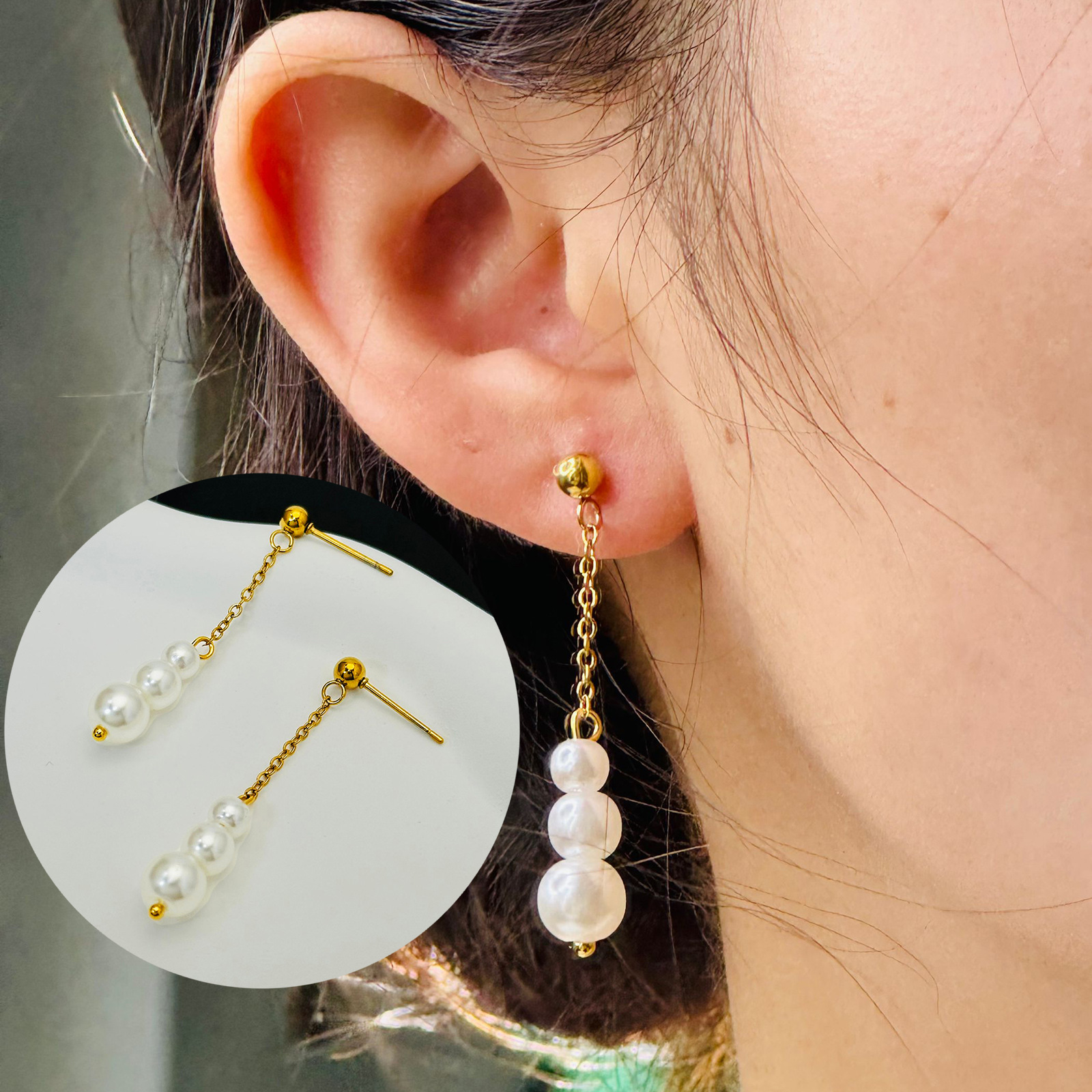 Tres pendientes de perlas franceses no se desvanecen en oro nuevo diseño de lujo ligero de moda pendientes de temperamento