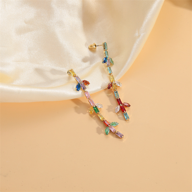 Fashion Leaf Copper Plating Inlay Zircon Drop Earrings 1 Pair