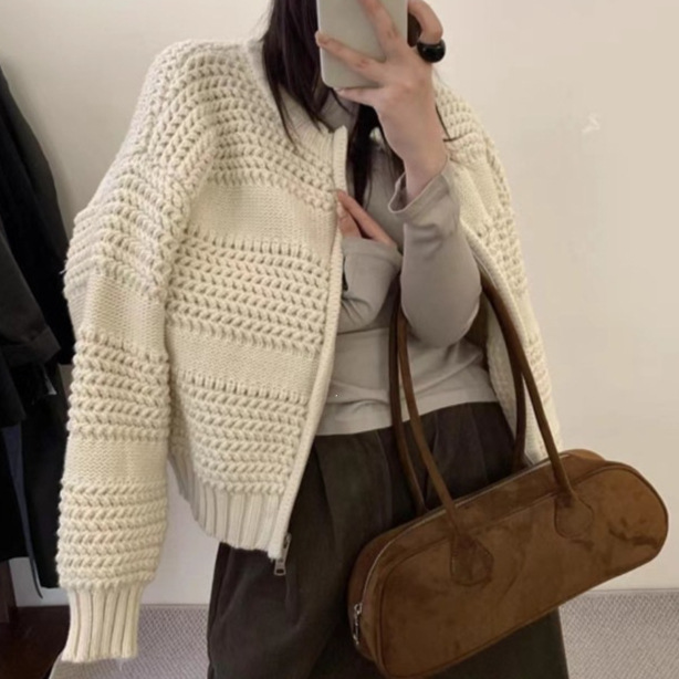 毛衣外套女韩系chic秋冬百搭宽松显瘦复古双拉链时尚针织长袖上衣
