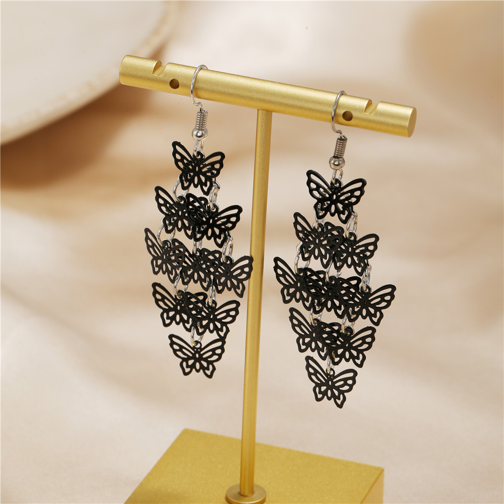 Wholesale Jewelry Black Multi-layer Butterfly Tassel Earrings Nihaojewelry display picture 5