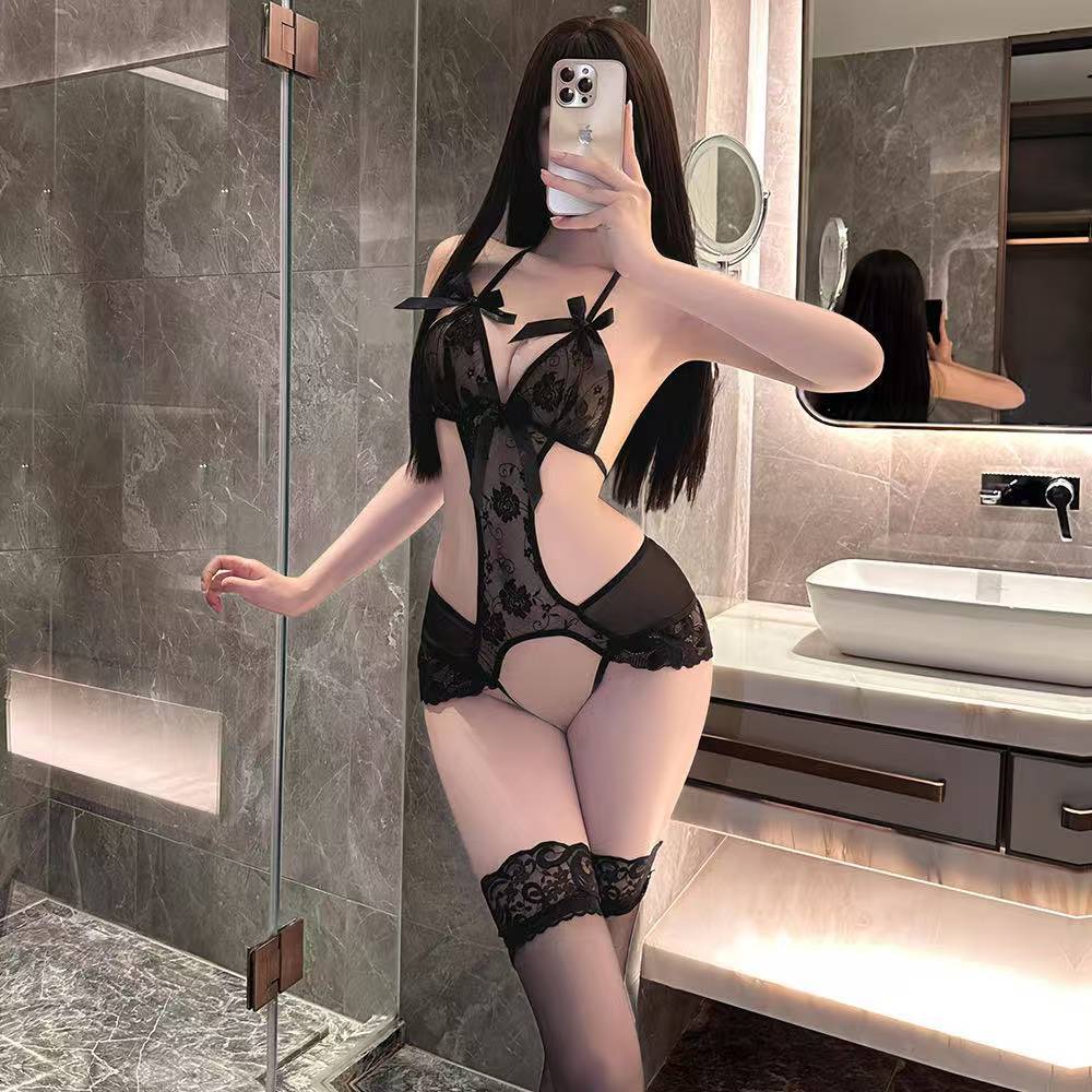 Lace Open-Crotch Bodysuit with Uniform-Style Detailing, One Size, Black — detail image 4