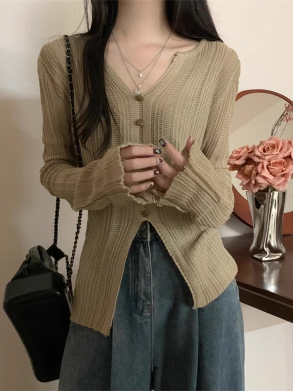 韩版V领肌理感冰丝针织衫开叉上衣女秋薄款小众设计防晒t恤罩衫|undefined
