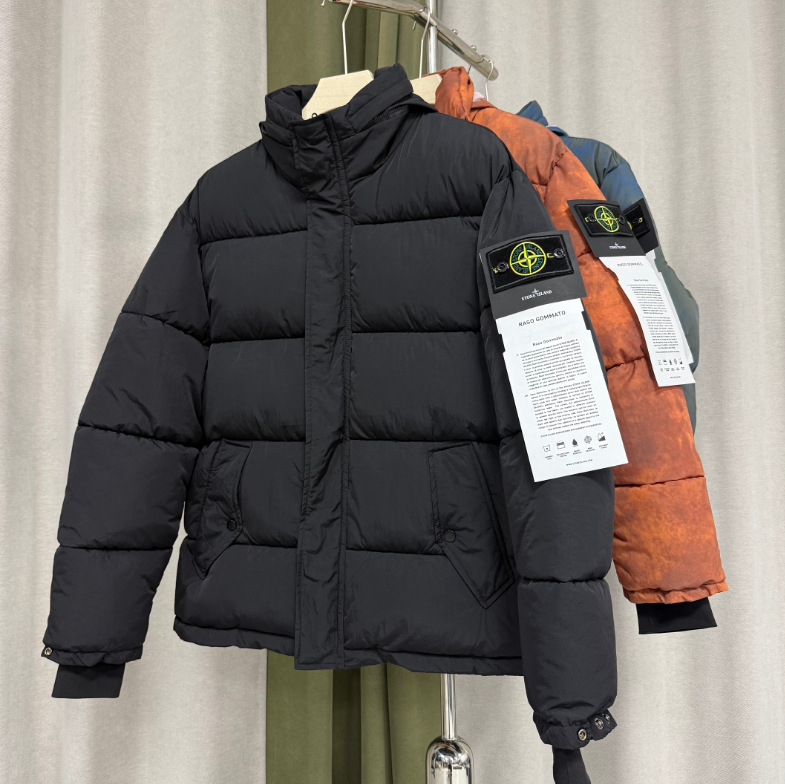 跨境大码ST石头扎染做旧可拆卸连帽方格绗缝男女面包棉服夹克外套