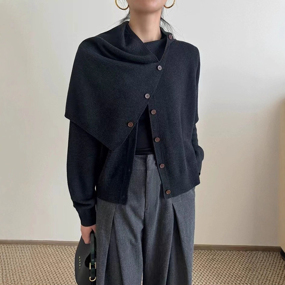韩系圆领单排扣针织开衫毛衣开衩披肩围脖秋季高级感两件套装潮