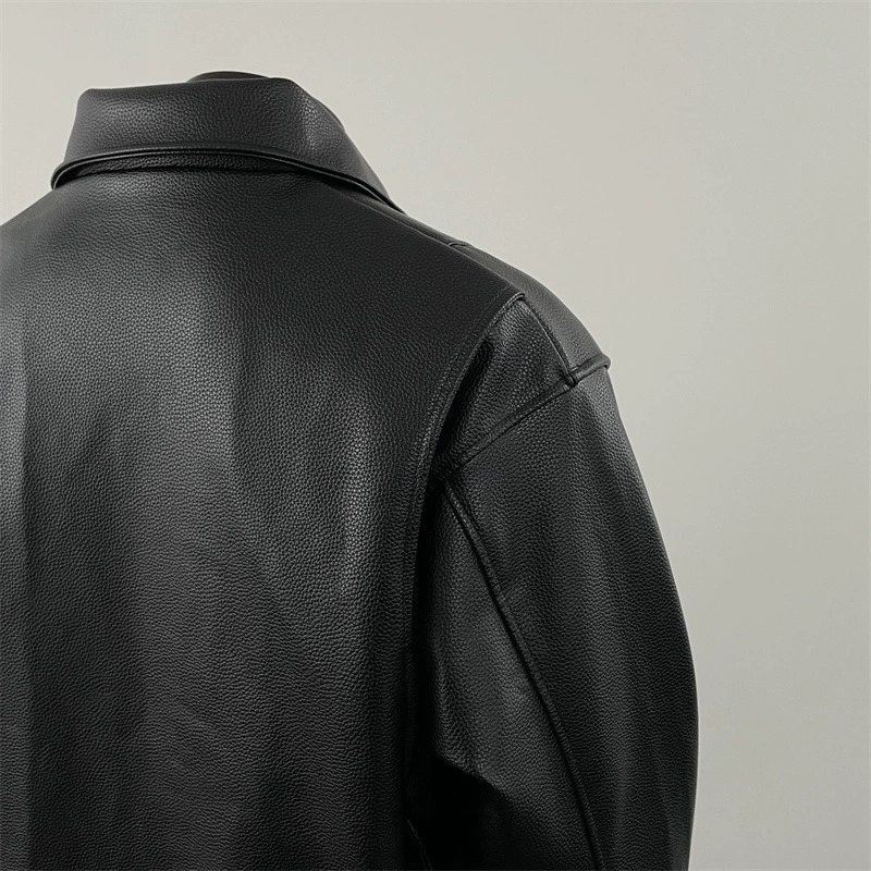 Black short demi-season polyurethane jacket, American style, high-quality style