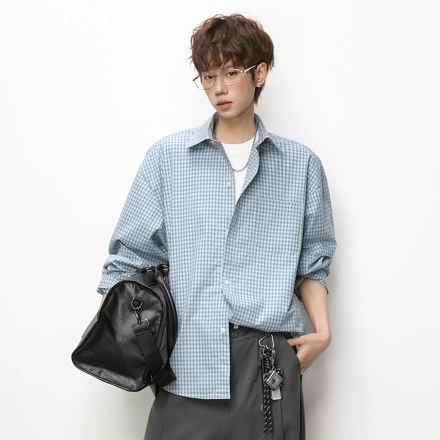 撞色格子长袖衬衫男春款小格纹宽松休闲衬衣miu系穿搭风上衣外套