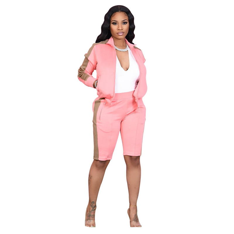 Two-piece Lapel Collar Color Block Jacket And Shorts Sports Set