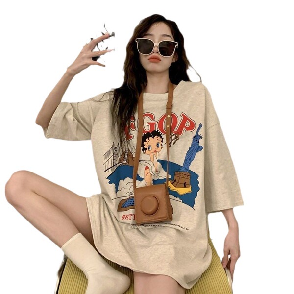 Retro cotton brand summer T-shirt with a round collar