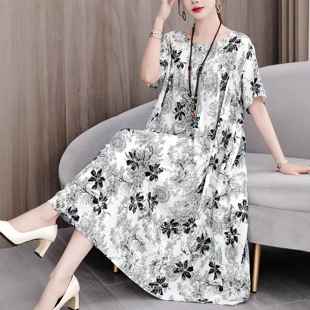 大码碎花棉绸连衣裙女短袖2025夏装新款中年妈妈休闲气质时尚裙子