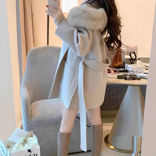 Double-sided woolen coat for women 2024 new winter with tall big fur collar short woolen coat