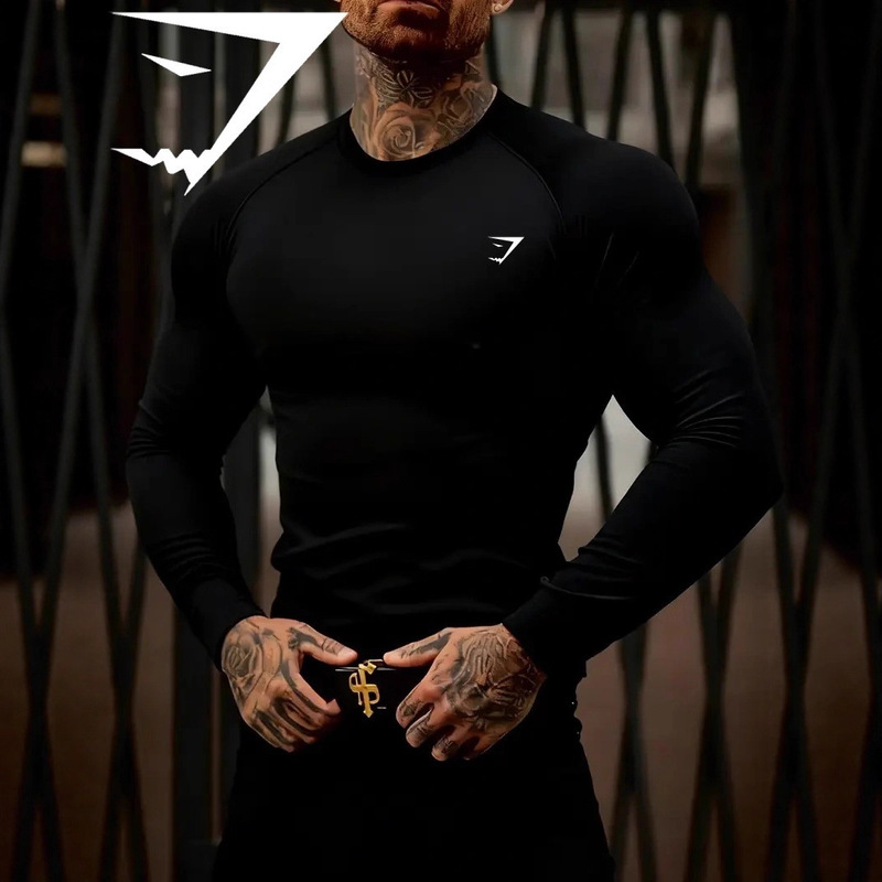 Gymshark New Running Sports Fitness Long-Sleeved Men's Elastic T-Shirt Tight Cycling Top Running Shark