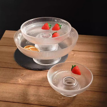 竖纹玻璃高脚果盘金边大容量简约糖果套装家用商用轻奢待客果盘