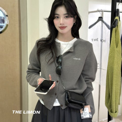 thelimon柠檬绿茶韩标秋季设计感羊毛刺绣字母毛衣开衫女针织外套