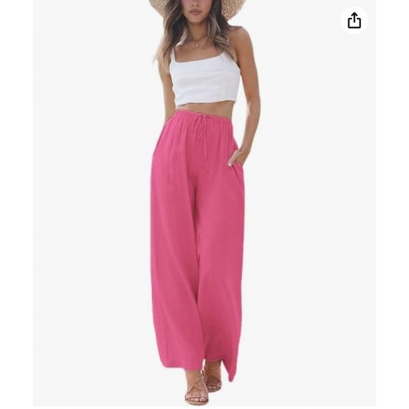 2024 Amazon ebay AliExpress ヨーロッパとアメリカの大きいサイズの女性のパンツリネンルーズカジュアルポケット巾着ワイドレッグパンツ女性|undefined
