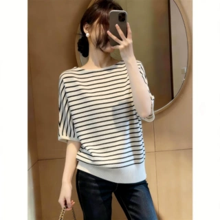 韩系慵懒风条纹冰丝针织衫女夏季大码胖妹妹轻熟气质宽松遮肉上衣
