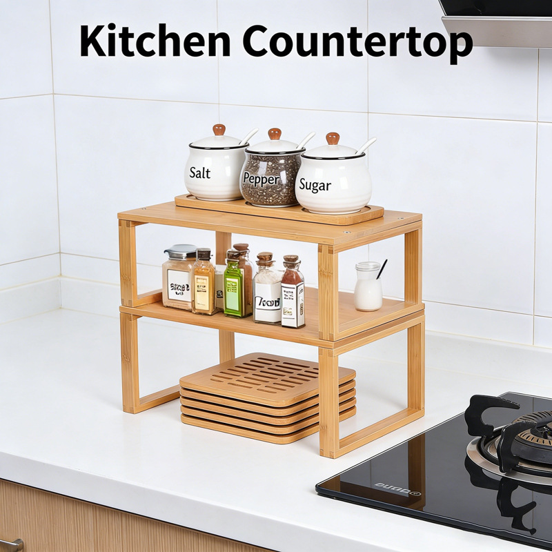 Bamboo home kitchen integrated storage rack retractable combination set of two-piece countertop spice rack dish rack