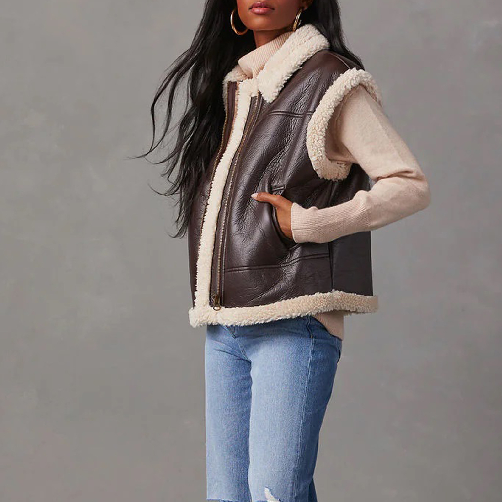 Damen Retro Weste Mantel Lammwolle Nähte Mantel Herbst und Winter_voghion.com