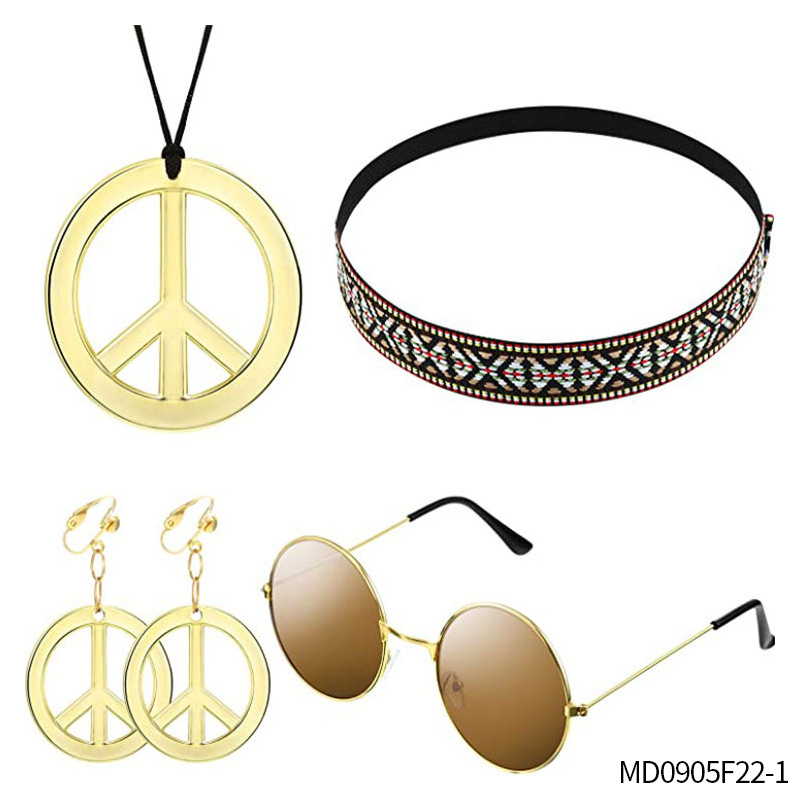 Accesorios de vestir hippies de la década de 1960, diadema de girasol, gafas redondas, conjunto de aretes de collar de talismán de paz