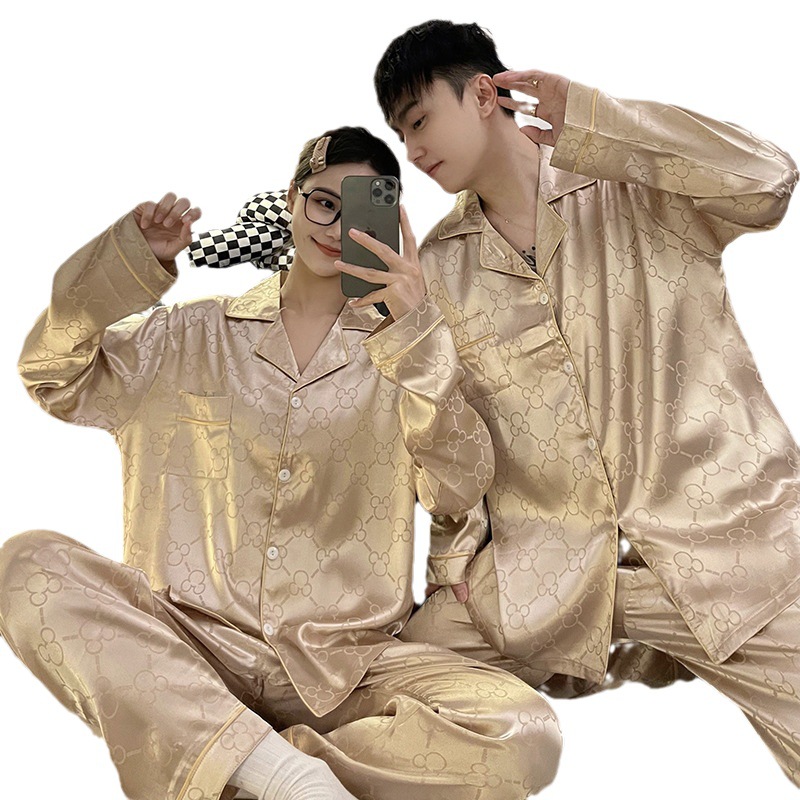 Pijama de pareja de seda de hielo para mujer primavera delgada manga larga para hombre jacquard de seda de hielo más tamaño Conjunto Avanzado de dos piezas