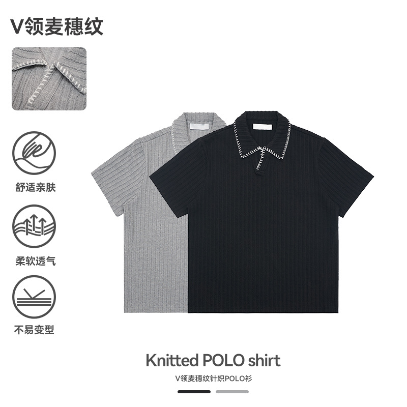 UNFレースvネック麦穂紋poloシャツ半袖男女筋理感アメリカ古銭風半袖ニットtシャツ夏