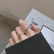 日韩S925纯银戒指女时尚不规则波浪纹光面开口戒指镀金银指环