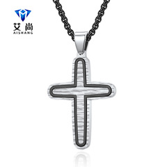 新款水波形復古捶紋十字架吊墜亞馬遜男士鈦鋼吊墜不褪色項鍊