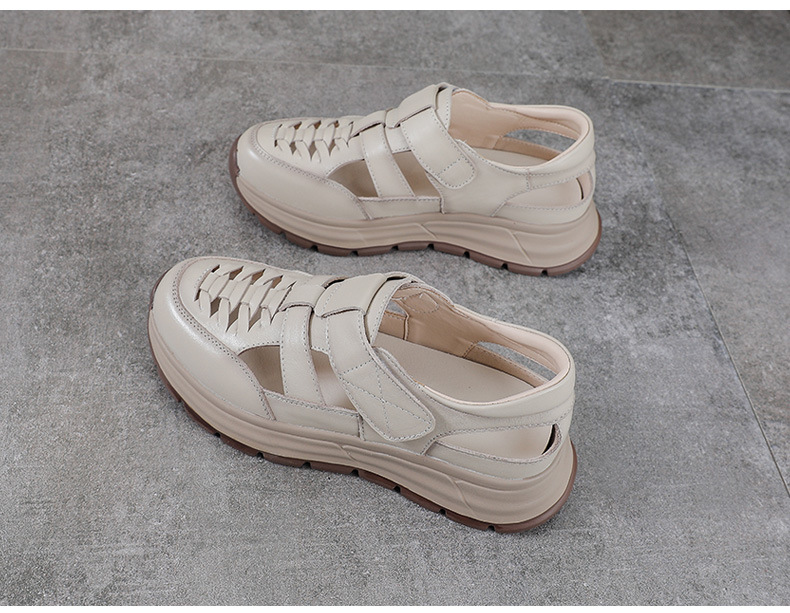 Sandal nữ quai chữ V bọc mũi da bò thật đế dày chống trượt — màu be chi tiết 11