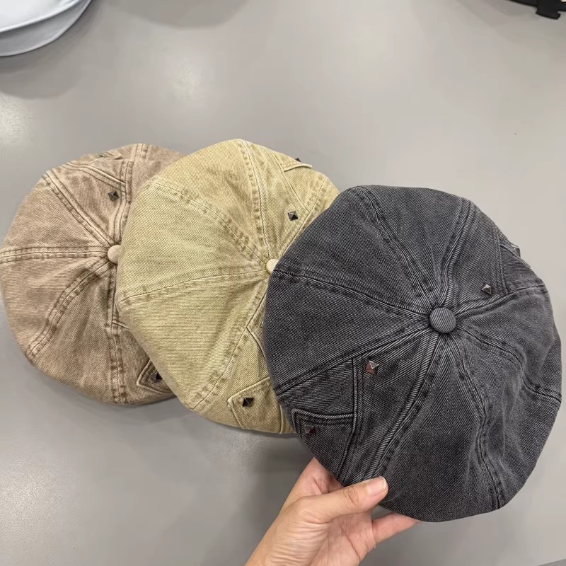 港风重工柳丁显瘦水洗棉布贝雷帽子女春秋百搭时装帽圆顶南瓜帽潮|undefined