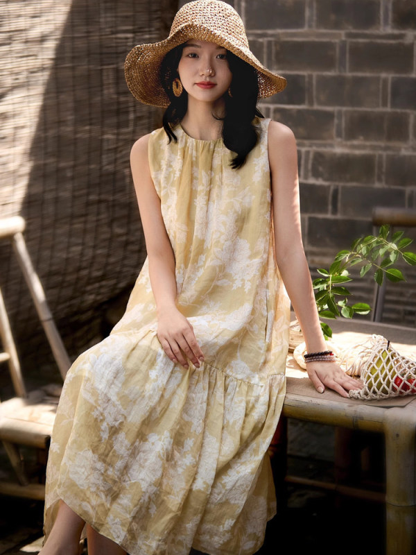 High-End Linen Vest Dress, Holiday Style, New Summer Design, Designer Print, New Chinese Style Floral Dress High-End Linen Vest Dress, Holiday Style, New Summer Design, Designer Print, New Chinese Style Floral Dress