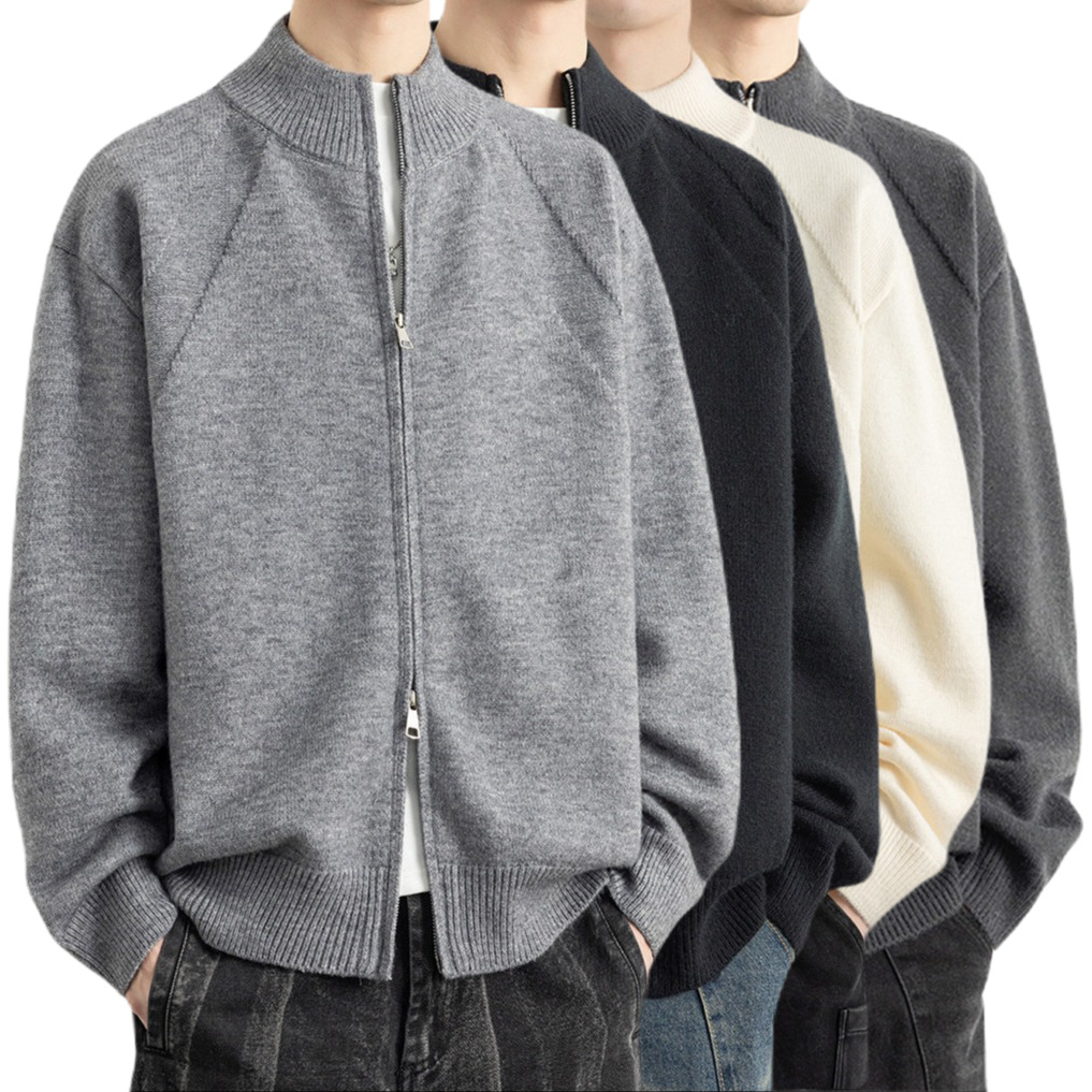 Explosiones transfronterizas de tamaño europeo de gran tamaño de cuello de pie cardigán chaqueta suéter de punto suéter de hombre doble cremallera fábrica al por mayor