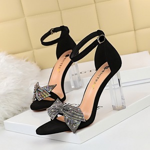 322-7 with European and American fashion summer banquet transparent peep-toe suede one word with diamond bow high-heeled