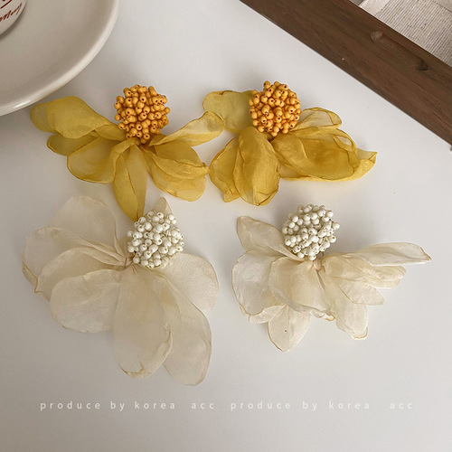 Silver needle personalized retro flower organza earrings simple pastoral style exaggerated temperament earrings fashion Internet celebrity earrings