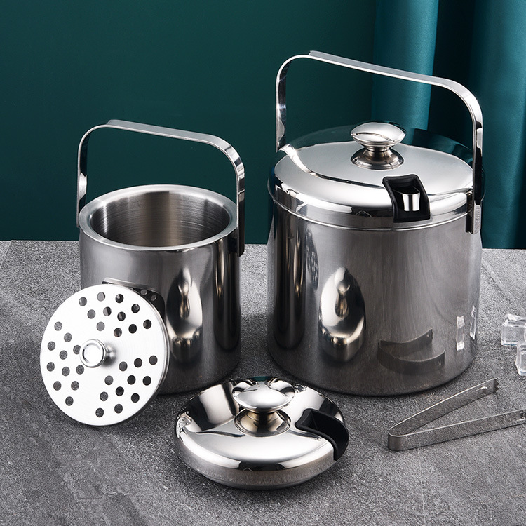 Cross-border supply of 304 stainless steel ice bucket, double-layer straight bar beer red wine bucket, KTV club ice cube ice bucket
