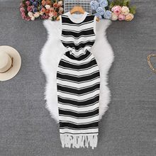 流苏连衣裙长裙气质欧美性感亚马逊针织裙跨境外贸女装拼色条纹裙
