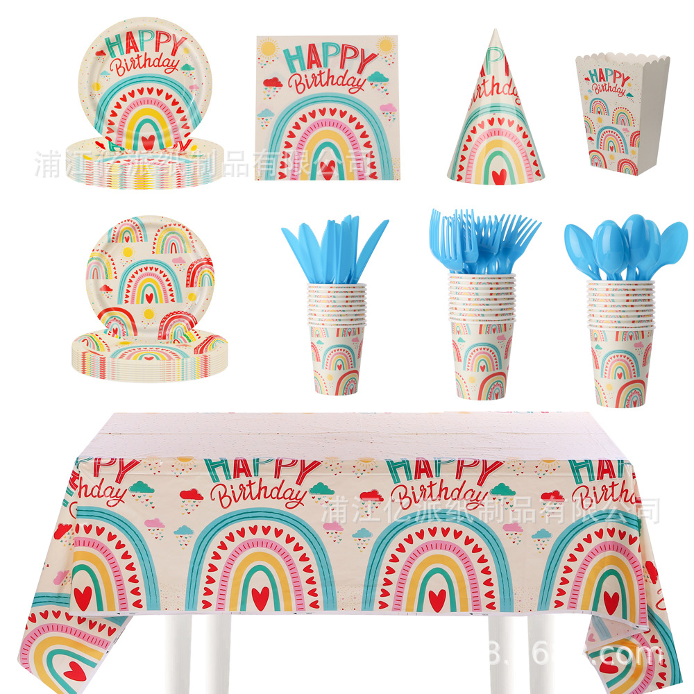 fiesta bohemia arco iris fiesta de cumpleaños decoración platos tazas de papel toallas cubiertos