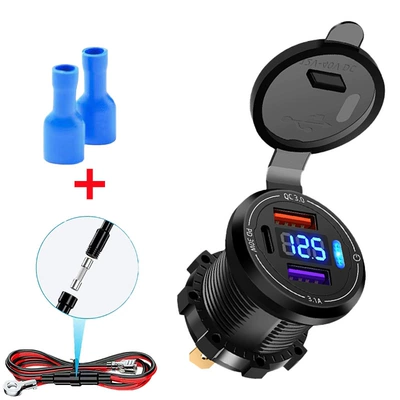 New Waterproof Motorcycle Modified Dual USB Car with Mobile Phone Pd Super Fast Charging Digital Display Car Charger (Mobil şarj cihazları) - three-port-fast-charging-digital-display-independent-switch-60cm-power-cord-blue-cover