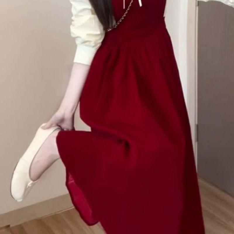 复古法式红色连衣裙子女秋冬季新款感小个子气质长裙背心套装|undefined