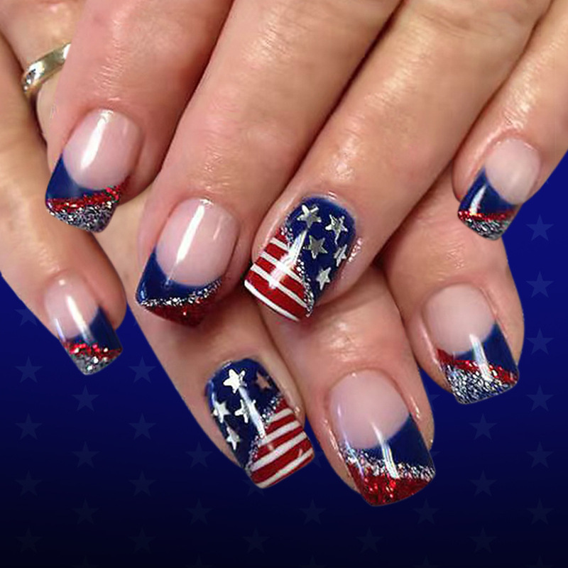 Short Glossy Square Nails with Independence Day Flag Design, French Irregular Lines, Glitter, 24 Pieces